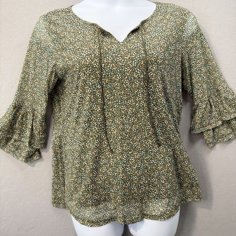 Christopher & Banks Blouse L Large Green Floral Chiffon 3/4 Ruffle Bell Sleeve